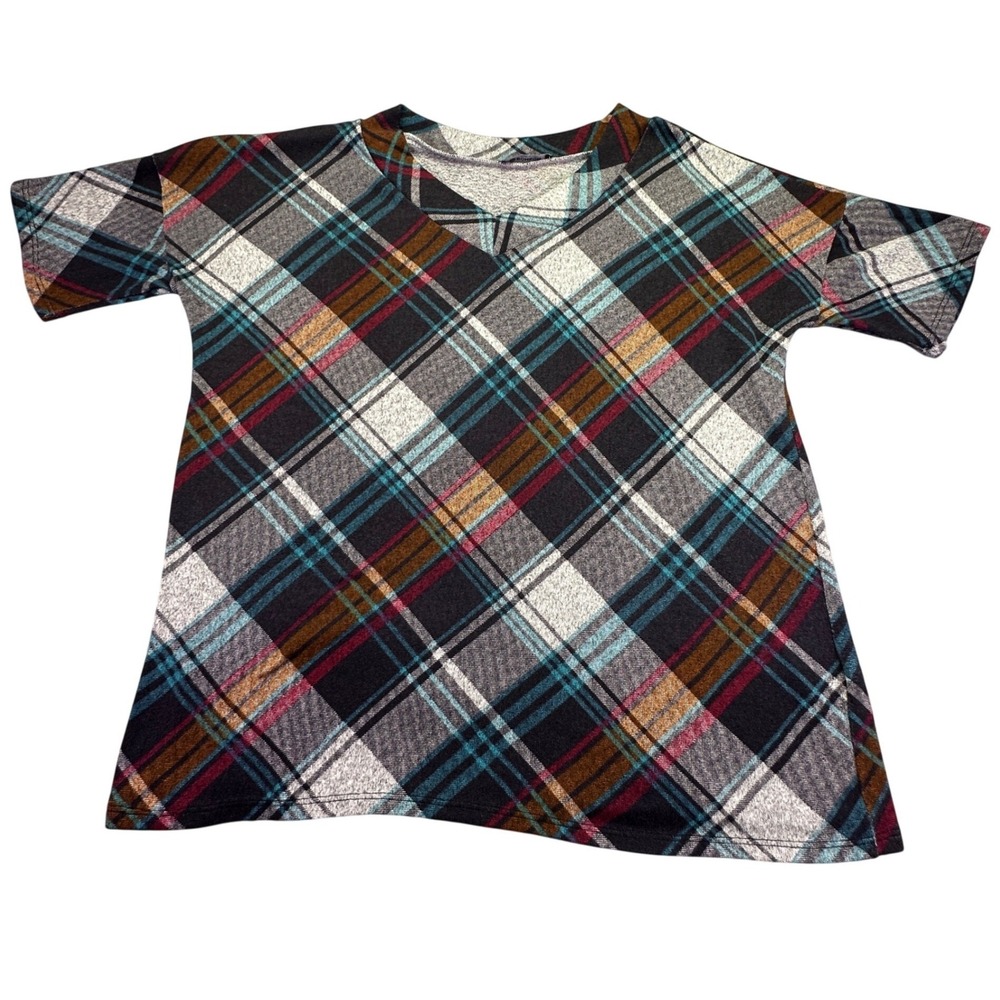 Bombom Shirt Women's Medium Plaid Short Sleeve‎ Top Multi-Color Tartan Relaxed